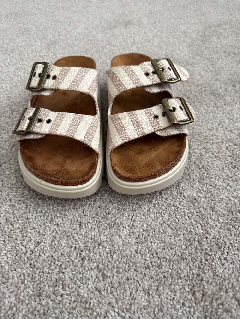 Hey Girl Striped Double-Buckle Sandals in Cream and Brown